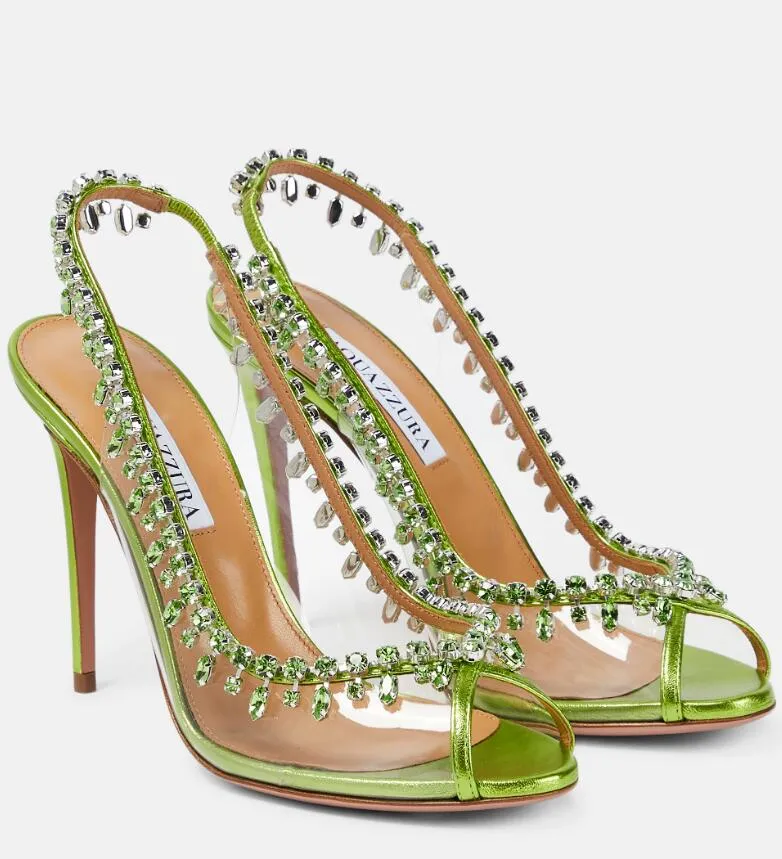 Summer Aquazzuras High Heels Temptation Crystal Satin Sanda Shoes Women Strappy Design Crystal-embellished Sexig Lady High Heel Dress Bridal Wedding EU35-43