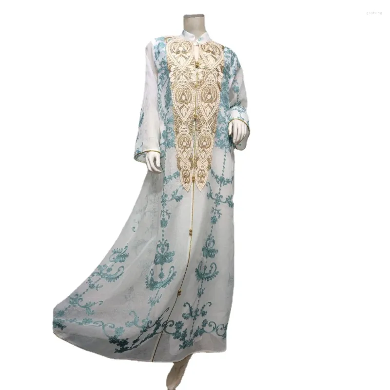 Abbigliamento etnico Abito caftano marocchino Bianco Blu ricamato manica lunga Modesto musulmano Abaya Dubai Turchia Abiti da donna