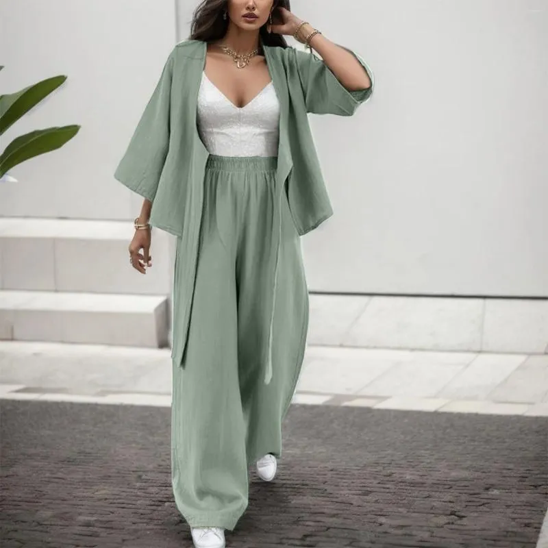 Women's Two Piece Pants 2023 Casual Two-Piece Set Women Clothes Cardigan Top Loose Wide Leg Suit Fashion 2 Sets Coat And Trousers Outfit