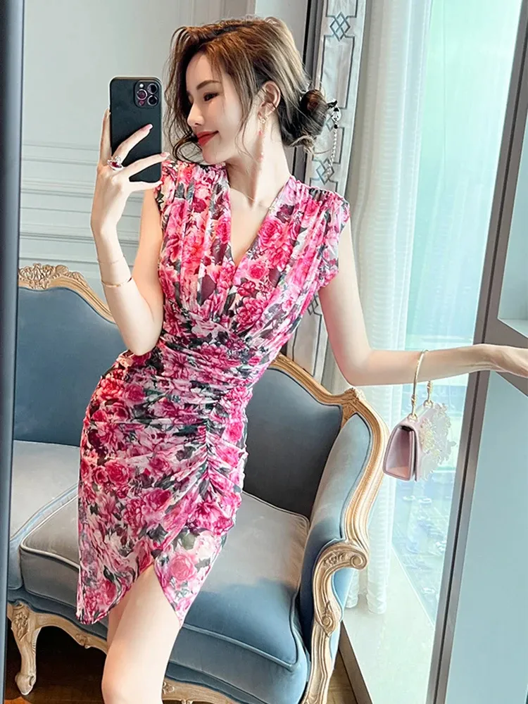 Elegant Korean Sweet Mini Dress with Red Flowers and High Waist Split for Women