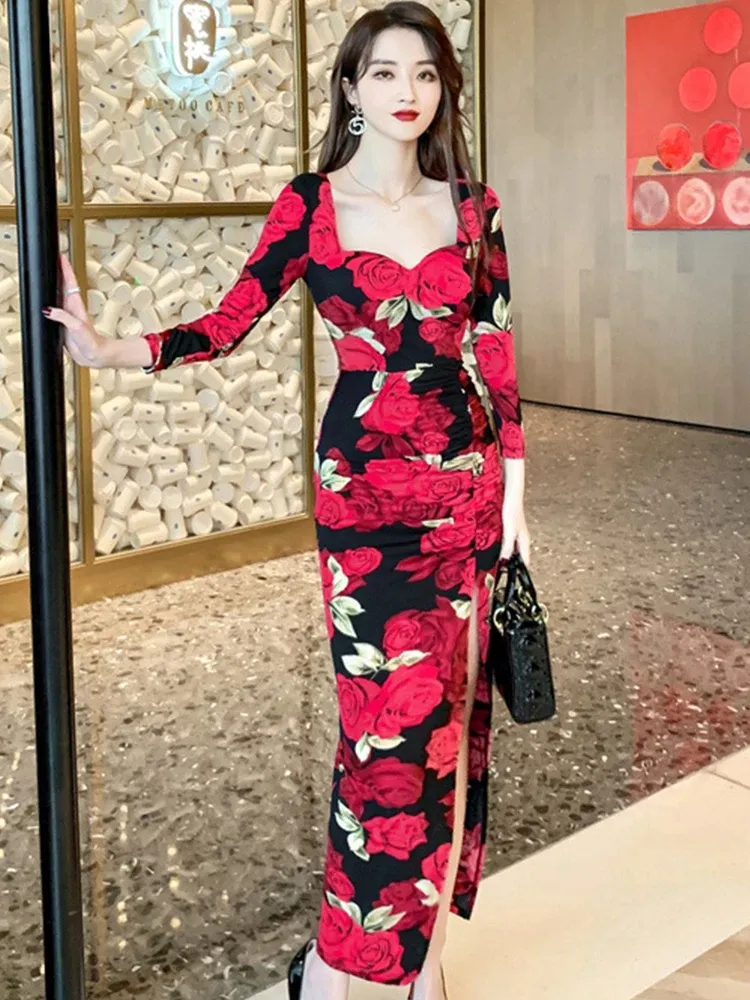 long sleeve bodycon floral dress D2153