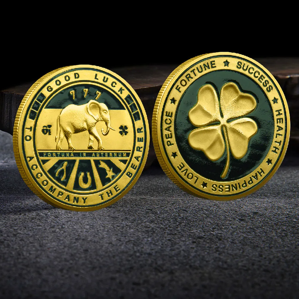 Luck Lab Two Sided Lucky Coin Featuring One Side with a Four Leaf Clover and One Side with Elephant and Lucky Symbols Challenge Coin