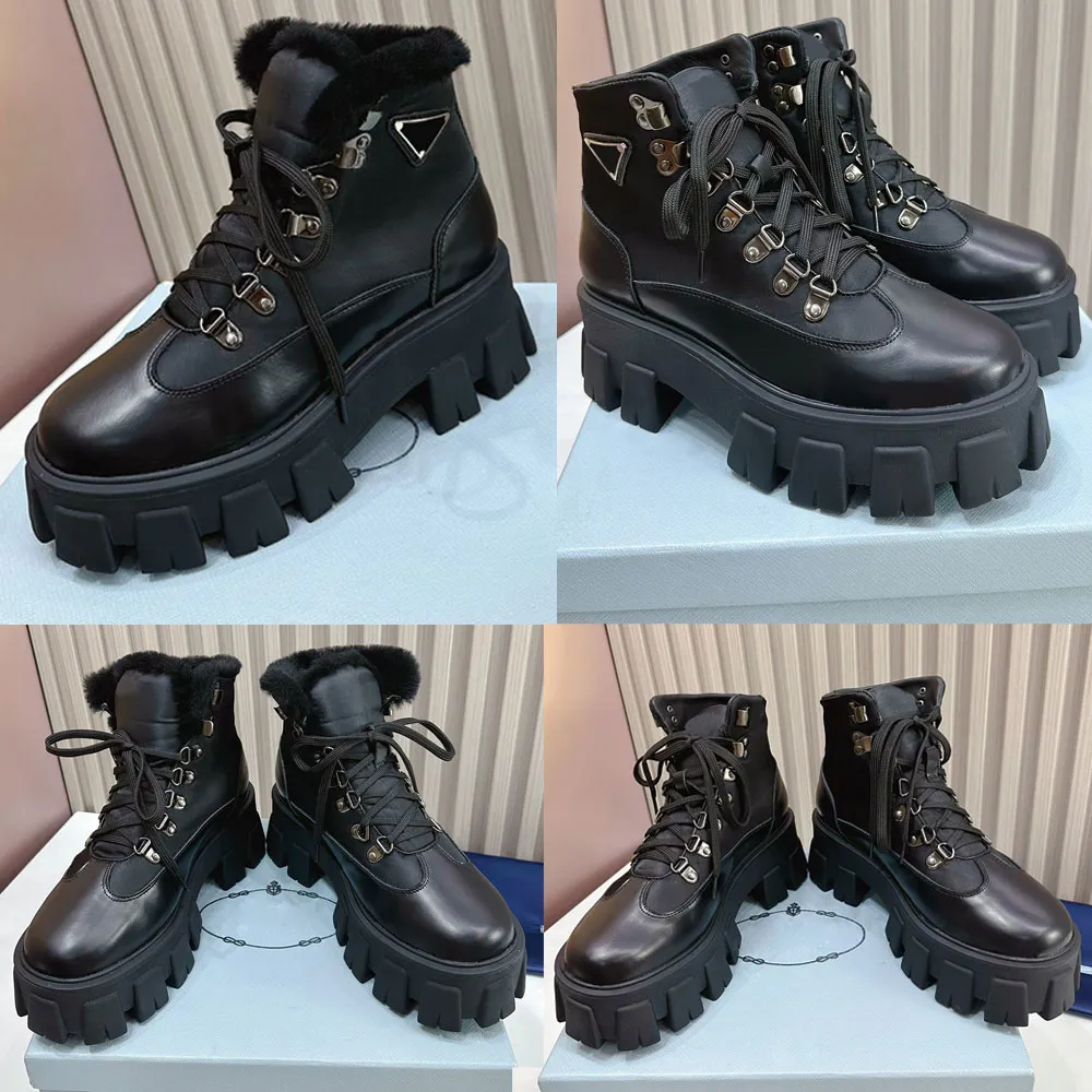 Monolith-Stiefeletten aus Leder und Nylon 1T260N Futter aus Schaffell. Logo auf der Zunge gedruckt. Damenstiefel, Designerstiefel, Winterstiefel, Markenstiefel, modische Martin-Stiefel