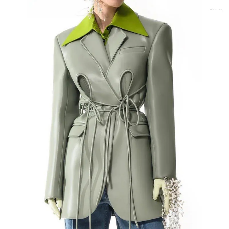 Vestes en cuir PU pour femmes, mode, revers, déconstruction, lacets croisés, taille, manches longues, manteau vert, automne 2023
