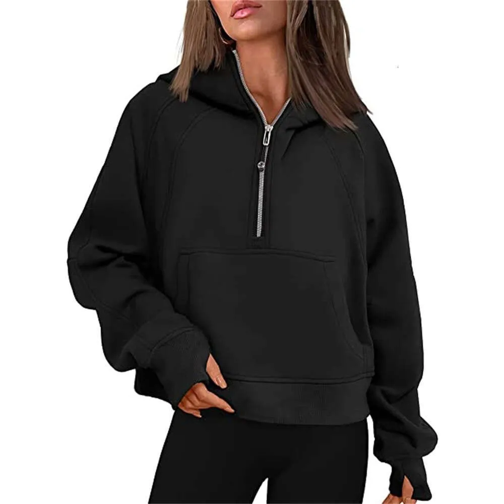 Autumn Winter Yoga Suit Scuba Hoodie Half Zip Womens Sports Sweater Loose Gym Jacket Fitness Short Plush Coat Sweatshirt