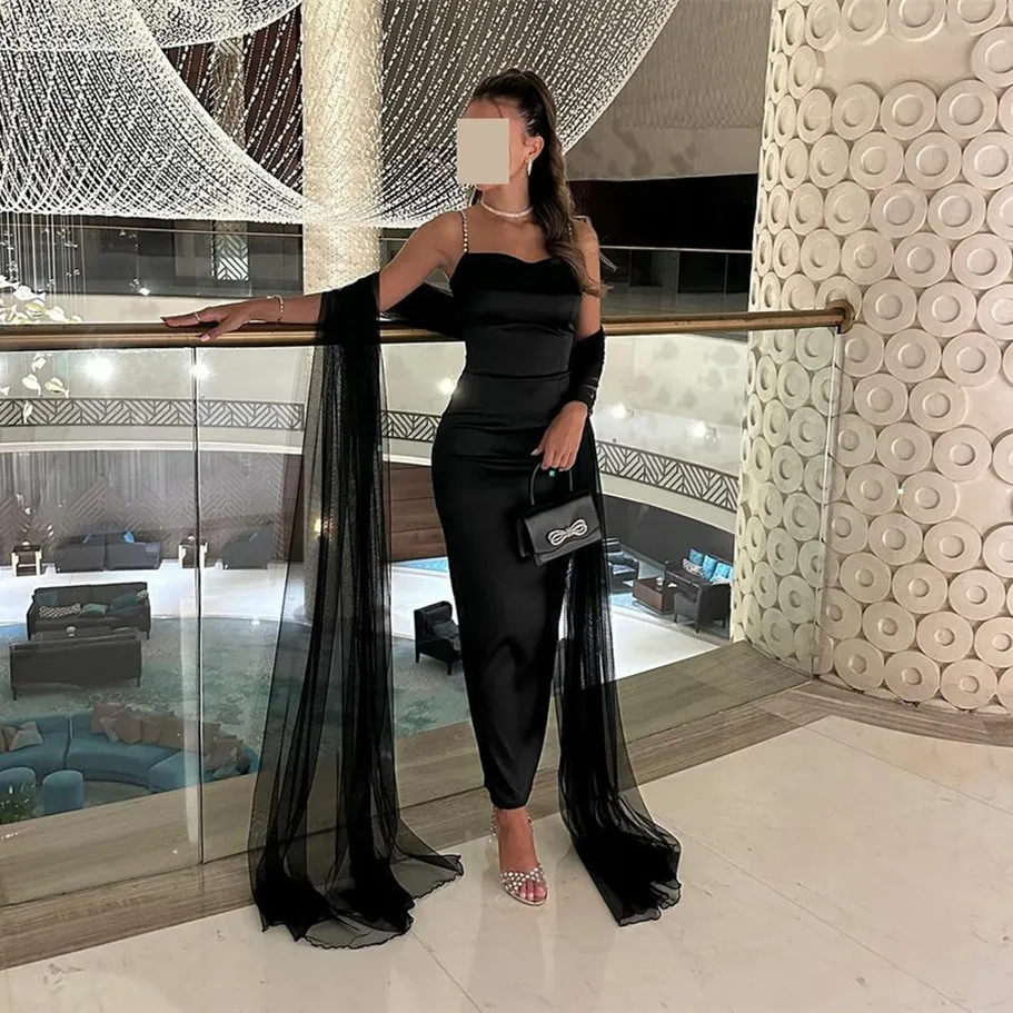 Elegant Black Evening Dress Long Straight Neck Sheath Gown, Spaghetti  Straps, Pleated, Ankle-Length Formal Party Dress