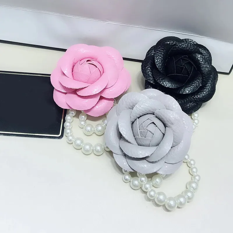 Handmade Leather Pearl Flower Brooch Clip Dual Purpose Fashion
