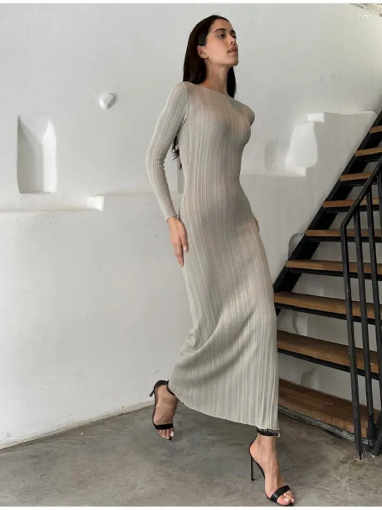Casual Dresses A-line Hip Package Vestidos Summer Street Vacation Beach Women Knitted O-neck Long Sleeve Slim Dress Elegant Y2K Sexy