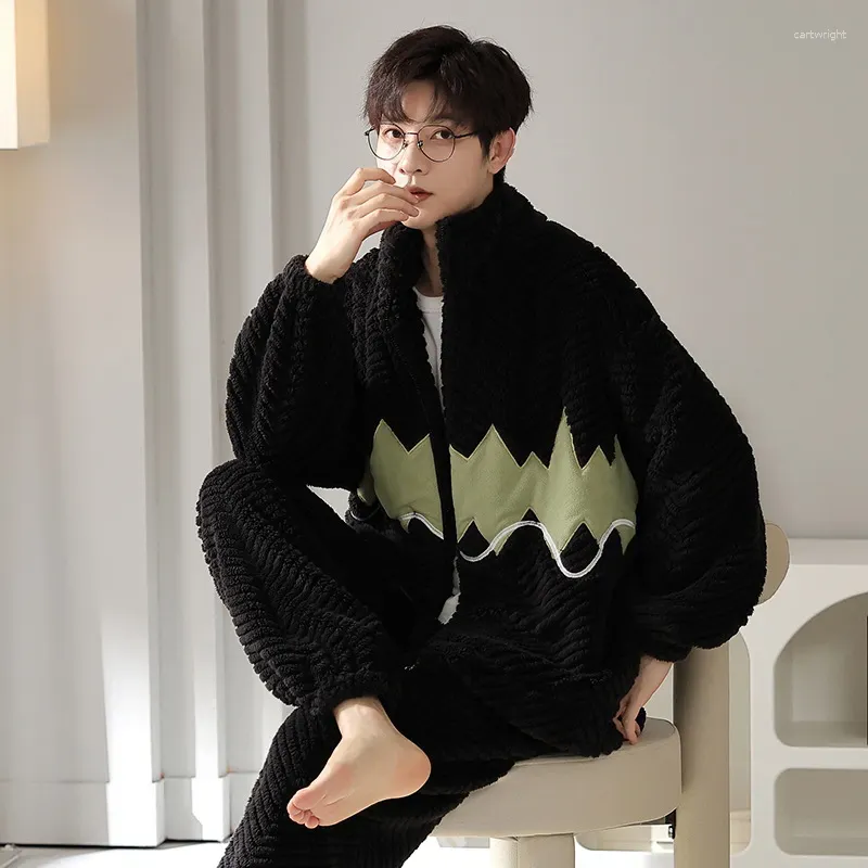 Men's Sleepwear Sport Style Flannel Homewear For Men Korean Zipper Coral Fleece Pajamas Set Young Boy Pjs Loungewear Plus Size 3XL