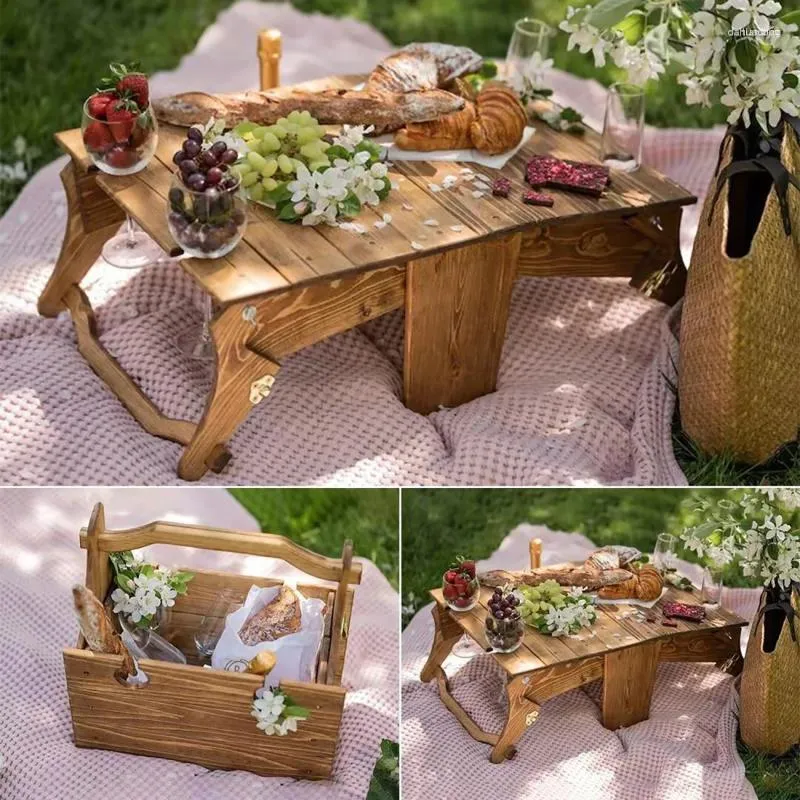 Camp Furniture 2-in-1-Klapptischkorb, tragbarer Outdoor-Grill aus Holz, einfach zu montieren, praktisch für Picknicks, Wandern, Camping