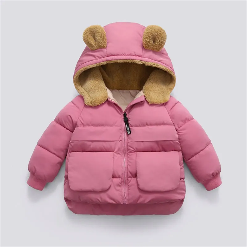 Down Coat Baby Winter Clothes Toddler Kids Boys Girls Fleece Varma solida rockar Bär öron med huva vadderad jacka outwear