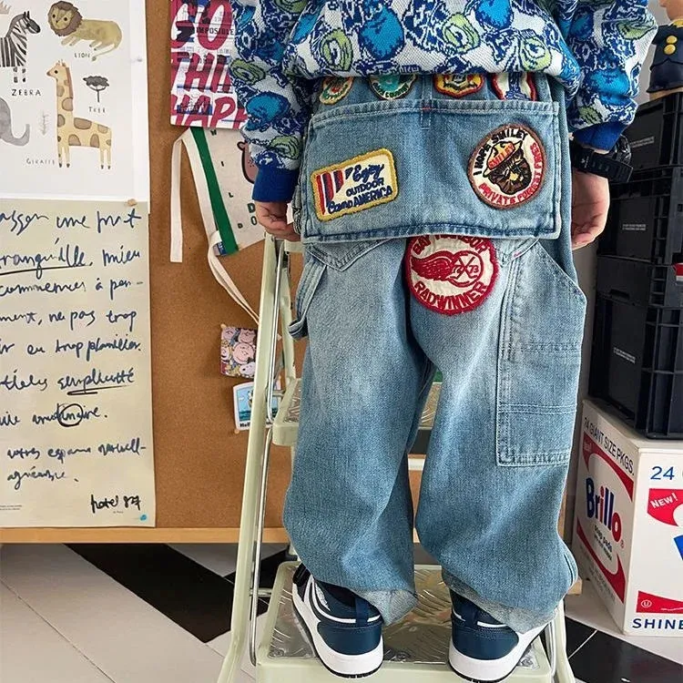 Boys Y2K Streetwear Jeans: Spliced Denim, Embroidered Loose