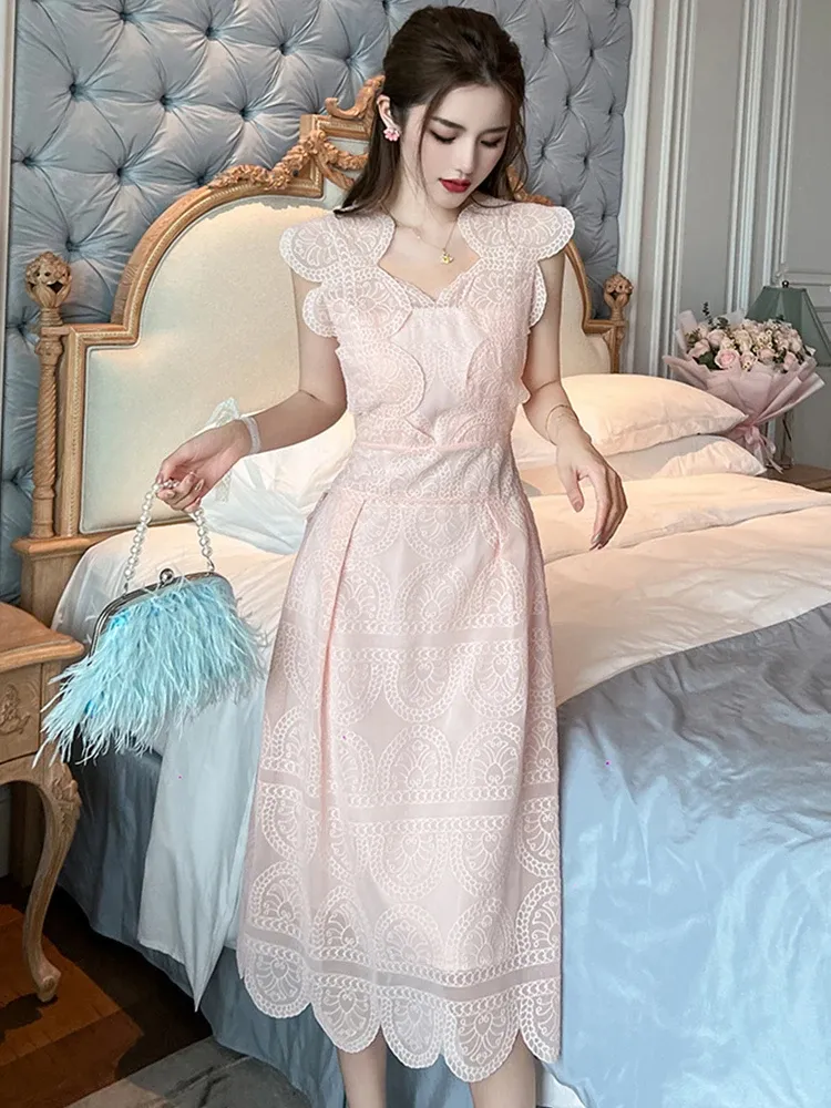 Basic Casual Women Dresses New Women's Sweet Gentle Lace Pink Dress for Women Waist A-line Maxi Robe Femme Party Sexy Vestidos Mujer Holiday Long Gown 2024