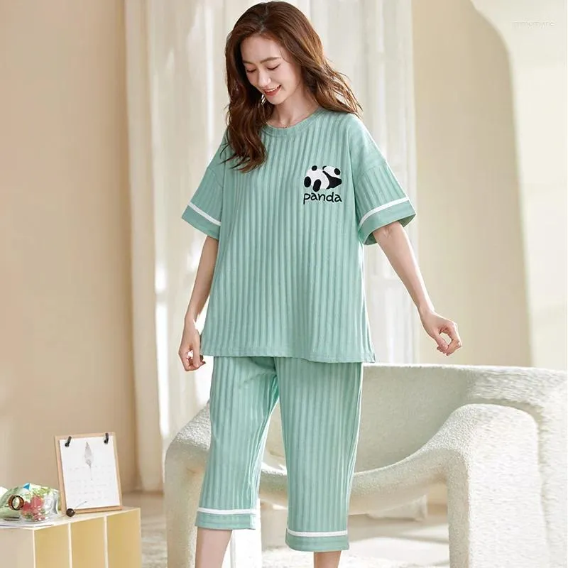 Mulheres sleepwear animal panda mulheres pijamas conjuntos verão completo algodão puro manga curta calças cortadas pijama feminino casa terno M-5XL