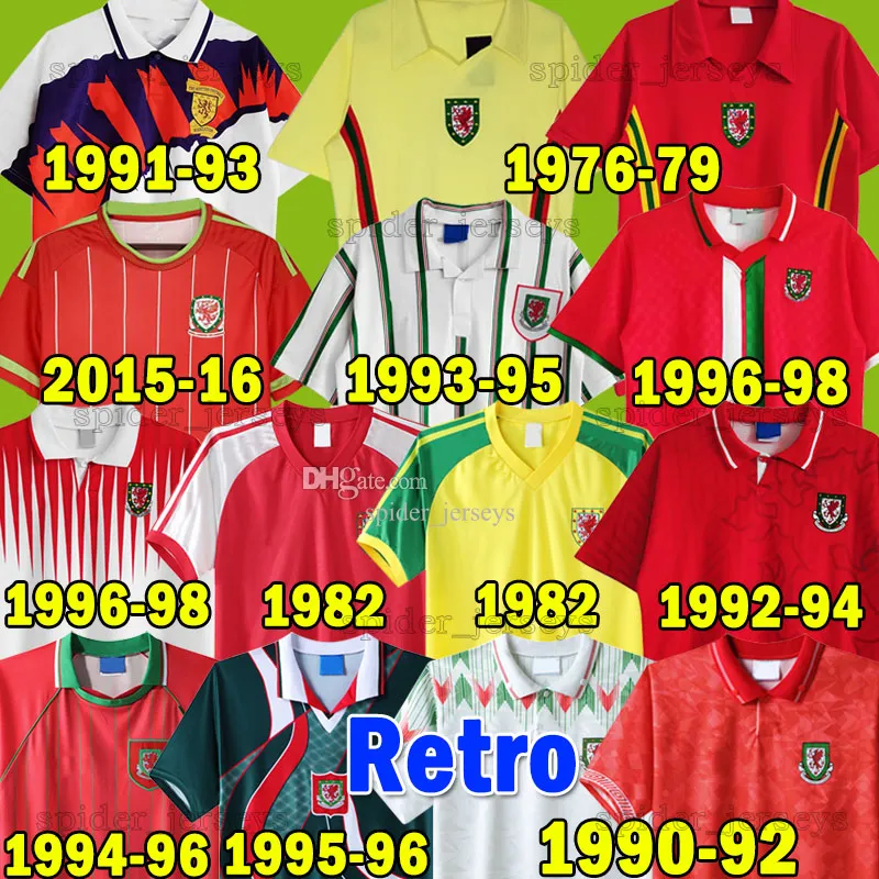 20 Wales voetbalshirts Retro voetbaluniformen uit 1982 ALLEN WILSON VOKES Shirts GIGGS 1990 91 92 94 RUSH HUGHES spider jerseys 95 96 96 BALE Uniformen