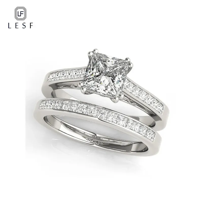 Bröllopsringar LESF 1.2 CT Princess Cut Diamonds Förlovningsring Set för kvinnliga smycken 925 Sterling Silver Pave Bands 231021