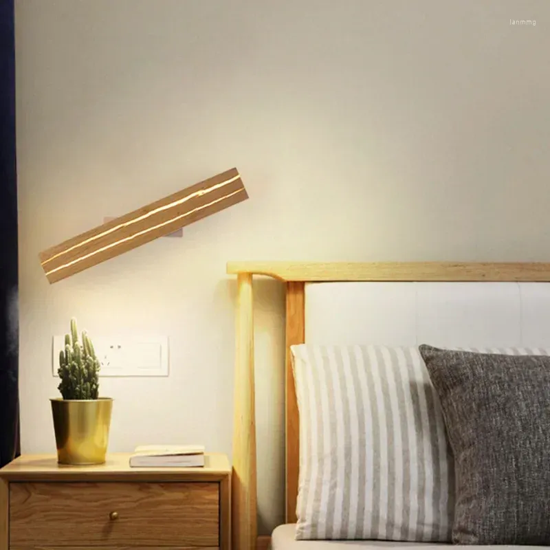 Lámpara de pared Aplique de madera moderno Salón Dormitorio Foyer Luces LED giratorias Mesita de noche Pasillo Decoración Iluminación 6pa