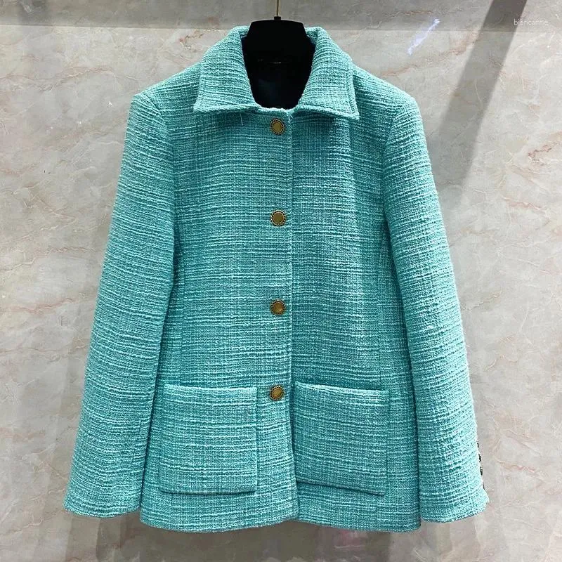 Women's Jackets Mint Green Tweed Coat High Sense White Top Medium Length Suit