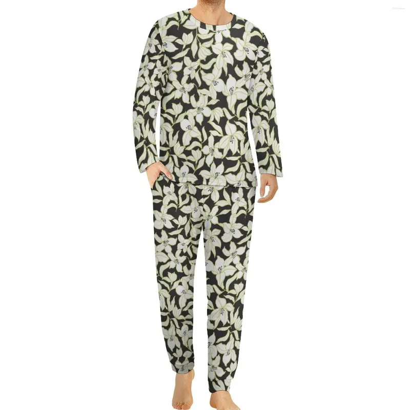 Men's Sleepwear Elegant Floral Pajamas Autumn 2 Pieces Flowers Print Pajama Sets Men Long Sleeve Night Printed Big Size