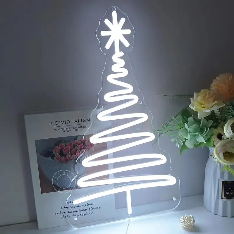 1pc julgran ledde neonskylt ljus, god jul vacker bord träd stjärna fest sovrum fönster vägg dekoration skylt, julklapp 15,8 "*10.2" USB kall vit