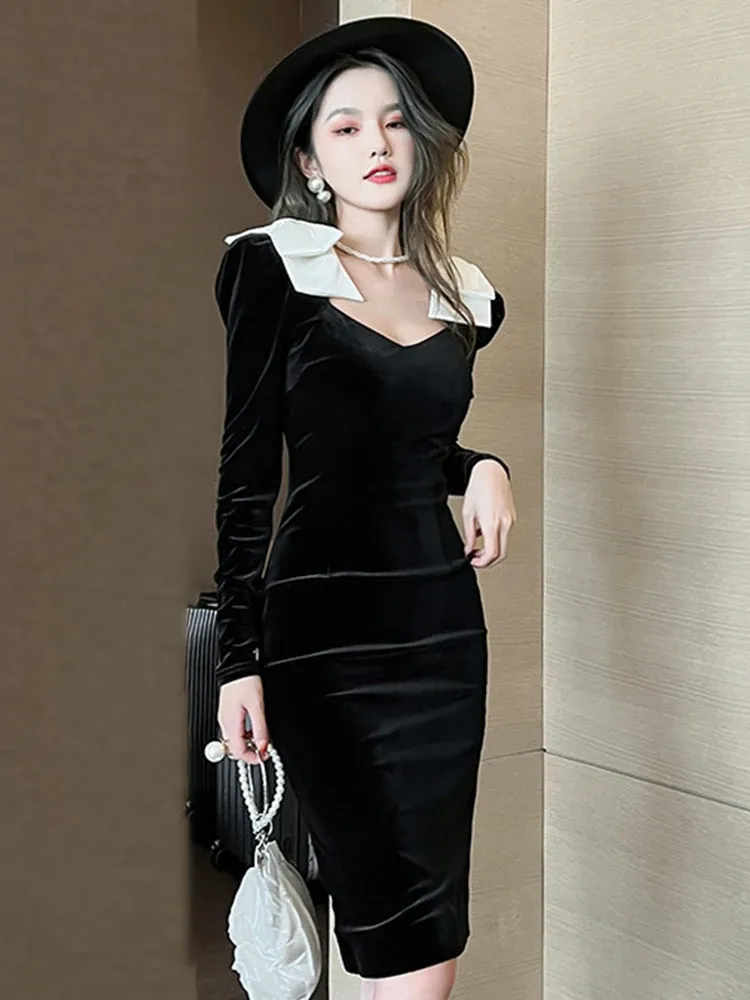 Basic Casual Women Dresses Spring Midi Dress Women French Elegant Retro Vintage Black Velvet Bubble Sleeve Bow Slit Robe Party Vestidos Skinny Clothes 2024