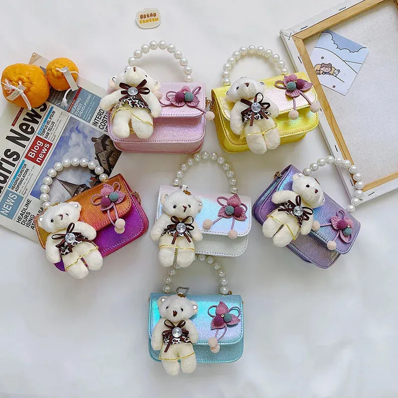 Handbags Pearl Hand Bags Kids Mini Clutch Bag Cute Bear Wallet Crossbody Bag for Baby Girls Small Coin Pouch Kid Money Bag Purse 231021