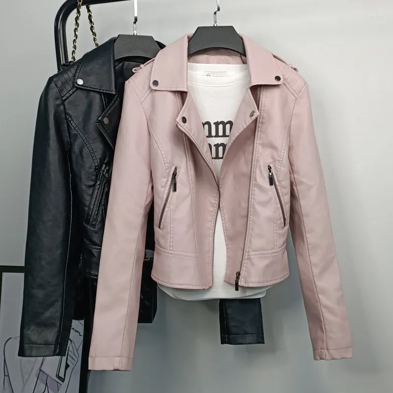 Frauen Leder Frühling Herbst Mode Rosa Moto Jacke Damen Kurze Faux Koreanische drehen-unten Kragen Frauen Tops Hohe qualität