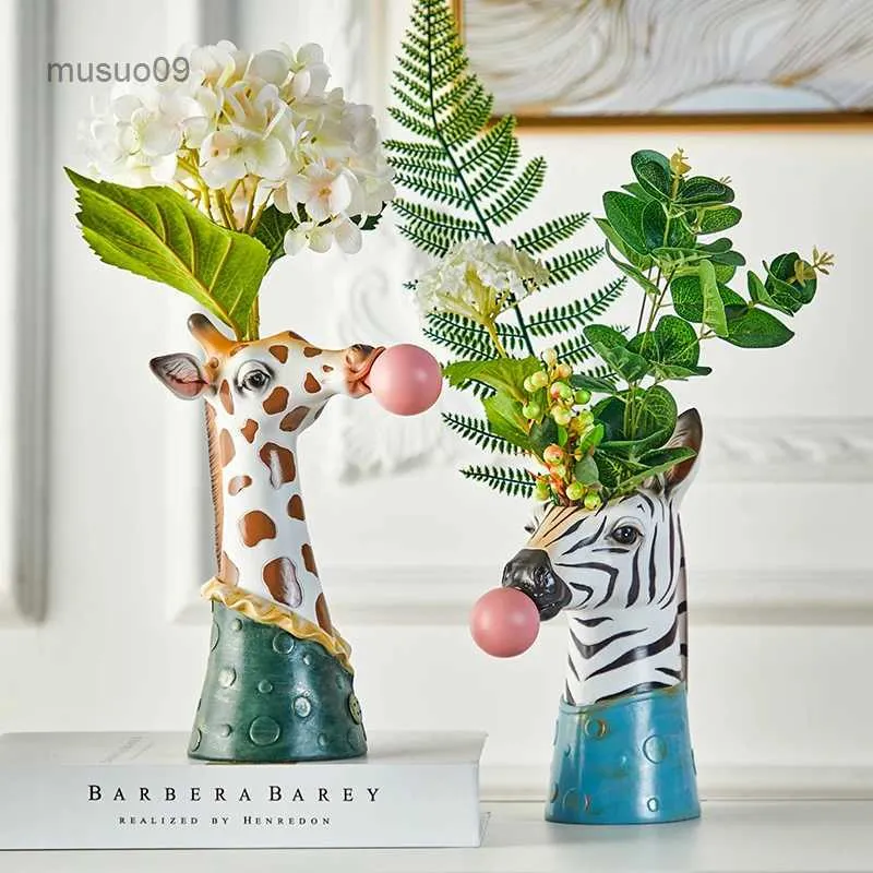 Vasos decoração de casa resina desenho animado cabeça de animal vaso suculentas vaso de flores vitrine soprando bolhas vaso de animal natal m69l23/10/23