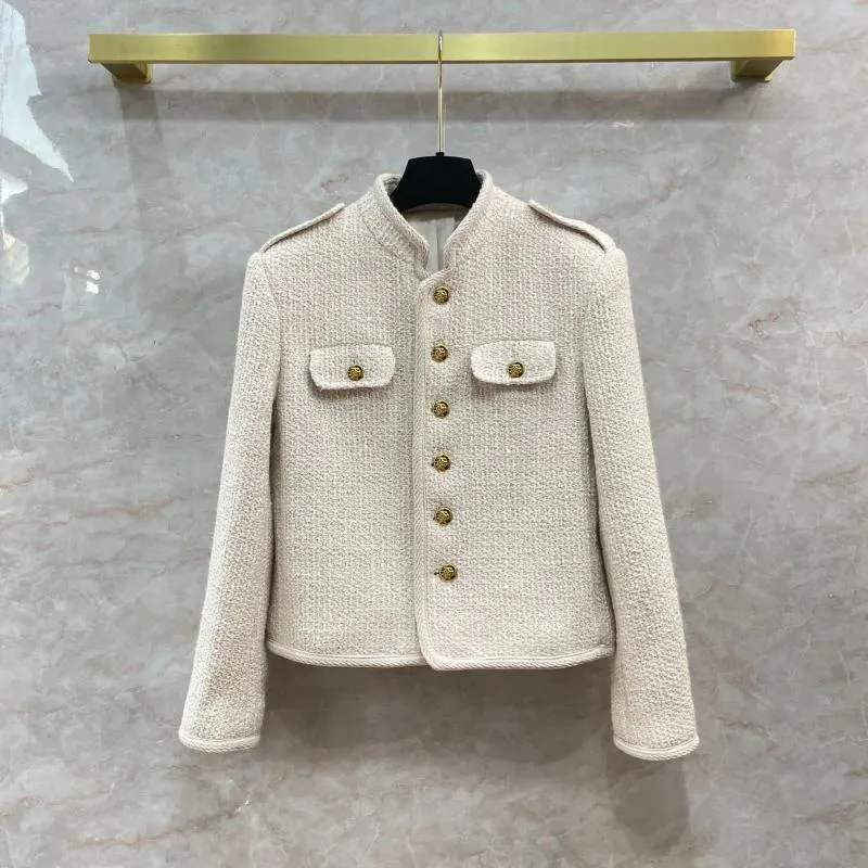 Chaquetas de mujer, abrigos, industria pesada, correa tejida hecha a mano, insignia de hombro, cuello levantado, abrigo corto grueso de Tweed, chaqueta de lana