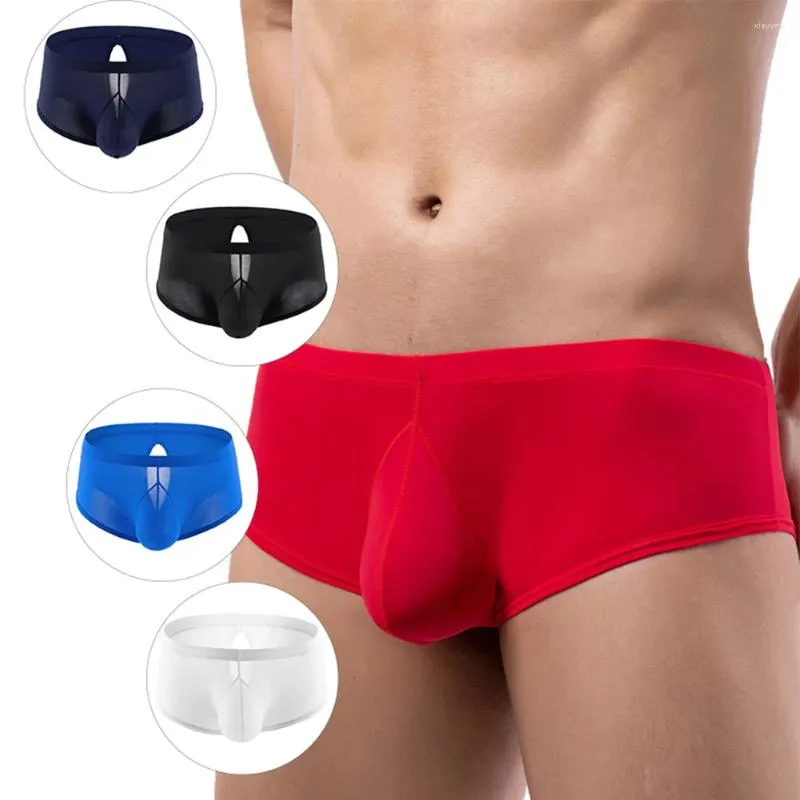 Sous-vêtements hommes dos creux glace soie élastique Boxer slips poche bombée fichier ouvert T-culottes Shorts sous-vêtements 2023