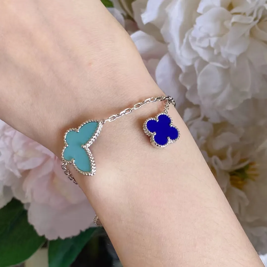 Роскошный бренд клевер дизайнерские браслеты ювелирные изделия серебро синий камень бабочка любовь сердце звезда цветы ограниченный выпуск браслет браслет серьги-клипсы ожерелья