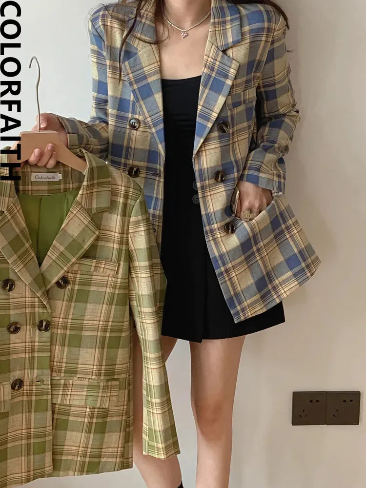 Abiti da donna Blazer Colorfaith JK6100 Blazer da donna Oversize Plaid Bottoni Tasche Giacche Intaglio Vintage a quadri Primavera AutunnoTop 231021