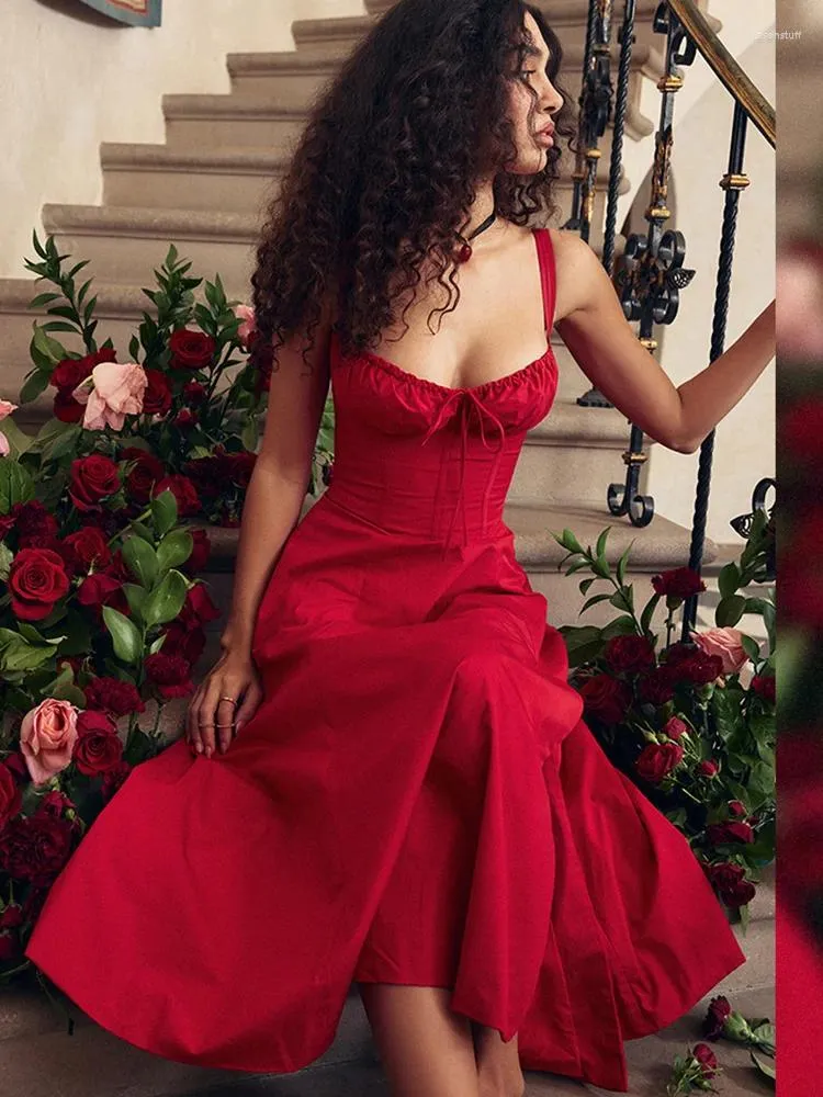 Robes décontractées Suninheart élégant une ligne robe midi sexy spaghetti sangle à lacets rouge fête de vacances fendu été femmes 2023