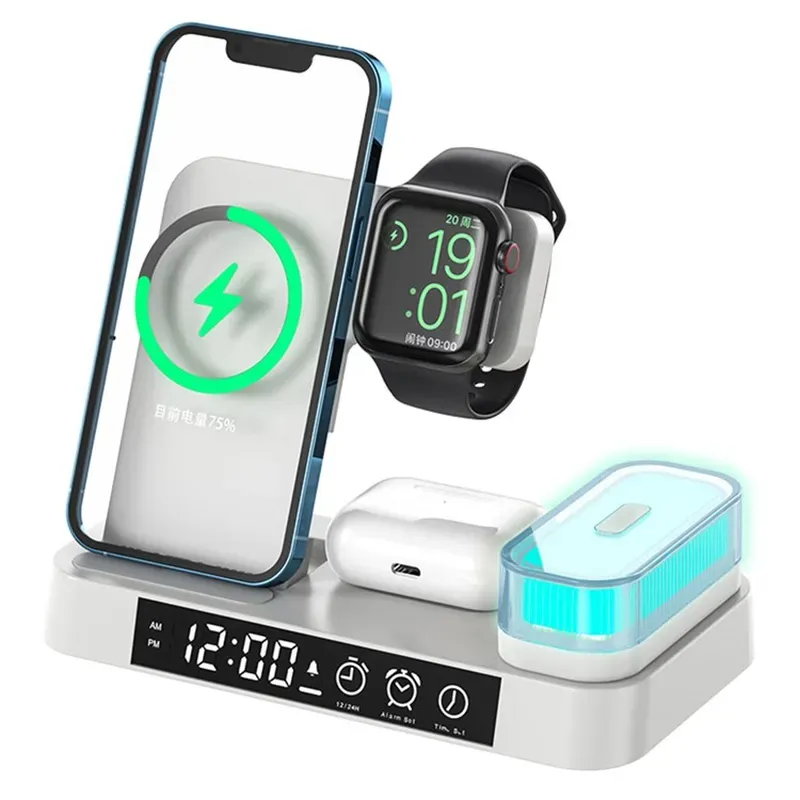 3 in 1 For Cell Phone Watch 15W Wireless Charger Folding Design Alarm Clock 20W Type C Port RGB LED Night Light Black
