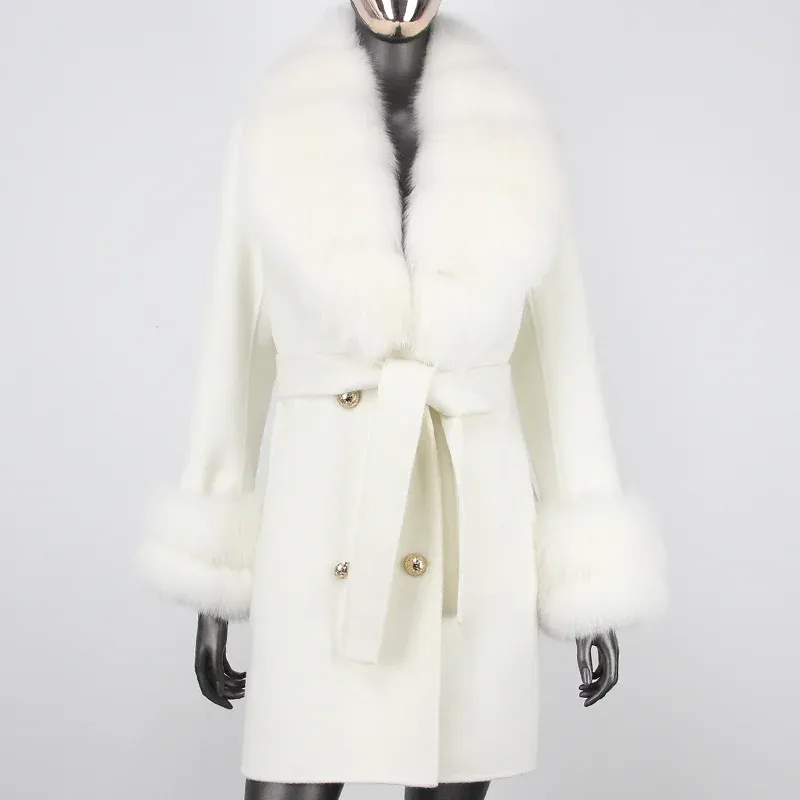 2023 New Fashion Real Fur Coat Winter Jacket Women Natural Fox Fur Collar Two Layers Cuffs Cashmere Blends Wool Warm