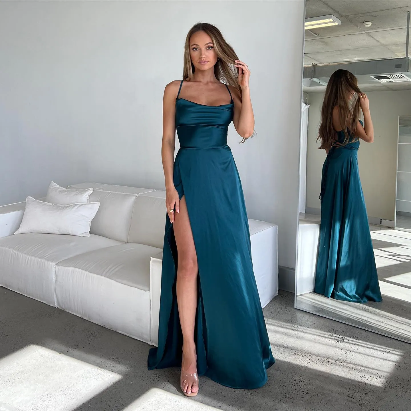 Red Plus Size Bridesmaid Dress - Sexy A-Line Gown, Spaghetti Straps, Satin,  High Slit, Floor Length, Wedding Guest, Custom from Dhgate Bridesmaid Dress  - price 131.0