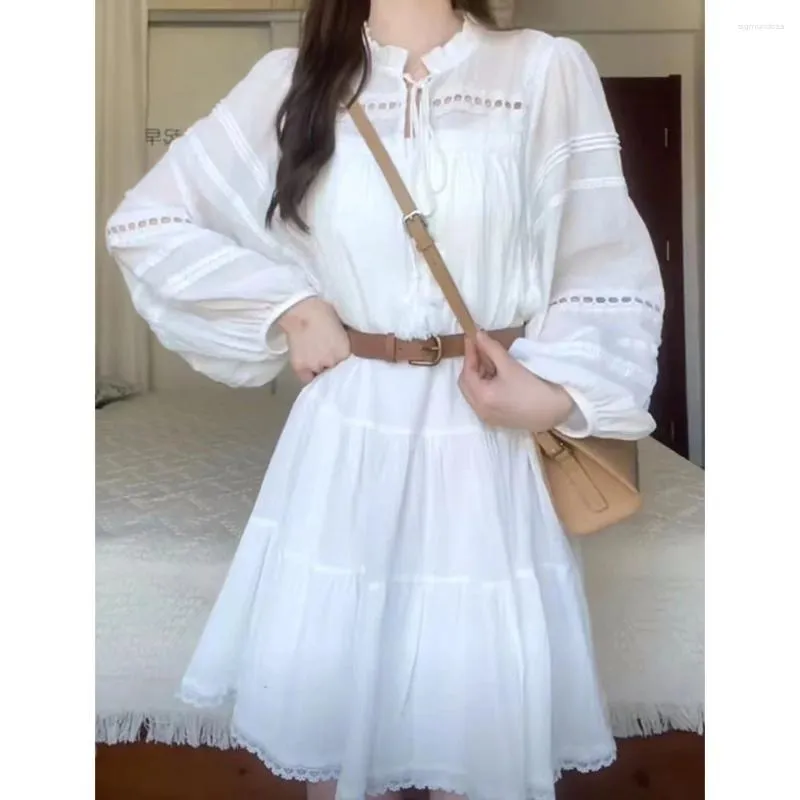 Vestidos casuais elegância manga longa o-pescoço doce laço costura branco verão cinto fada solta mostrar fino a-line mini