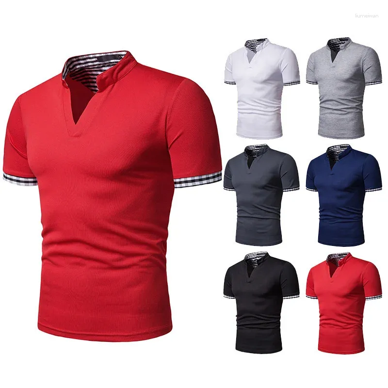 Polos pour hommes 2023 Mode Henry Collar Plaid Couleur Correspondant Polo à manches courtes