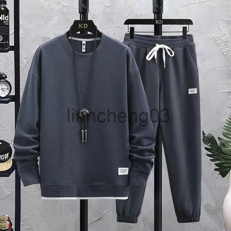 Herrspår 2023 Spring Autumn New Men's Two Piece Set Linen Fabric Casual Sweatshirt och Sweatpants Set Mens Sports Suit Fashion Tracksude J231023