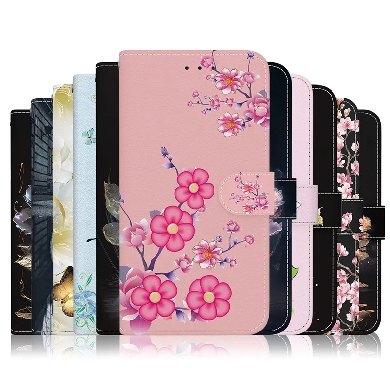 Flower PU Leather Wallet Cases For Xiaomi Redmi 13C Note 13 Pro K70E A3 Moto G Play 4G 2024 Power 5G 2024 Butterfly Sakura Lily Card Slot Holder Flip Cover PU Pouch