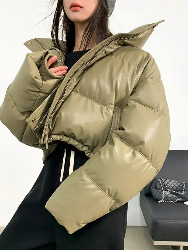 Kadınlar Down Parkas Jmprs Amerikan Biker Kadın Pu Puffy Coat Kış Retro Kırpılmış Günlük Kalın Sıcak Lady Uzun Kollu Gevşek Pamuk Palto 231023