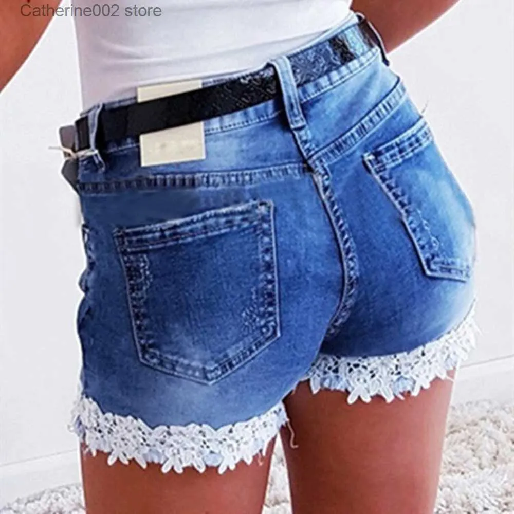 Denim Stretch Lace Stitching Mom Fit Denim Shorts Casual And