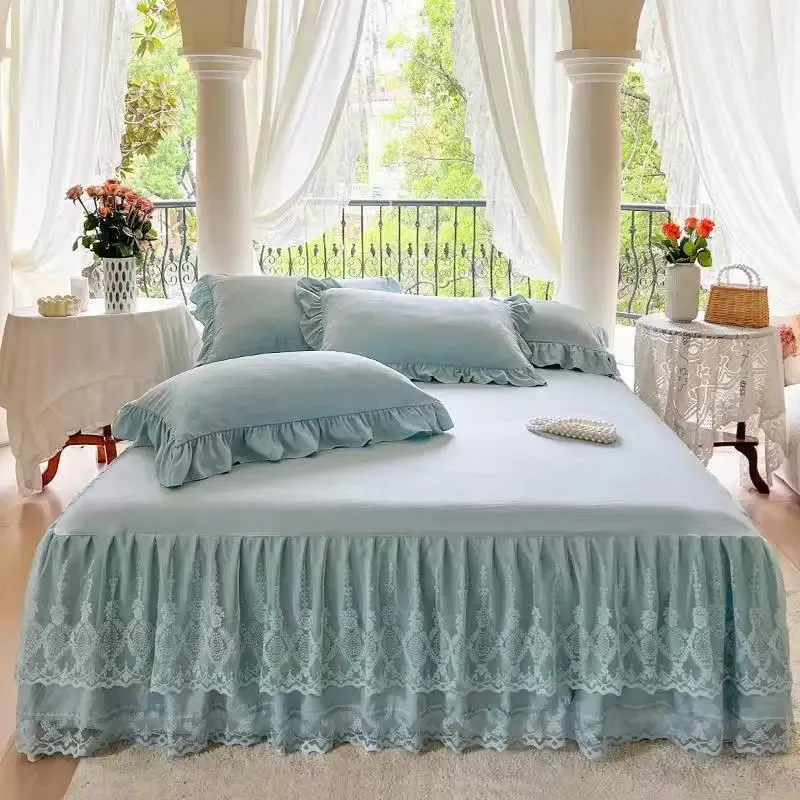 Sängkjol spets tvättad bomull enstaka dubbelplåt set broderad solid madrass täcker prinsessan stil sängäcke kudde 231023