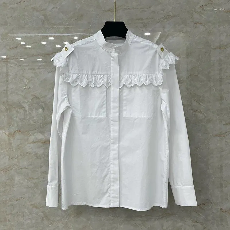 Kadın bluzları dantel yuvarlak boyun katı beyaz gömlek yarım yüksek yakalı