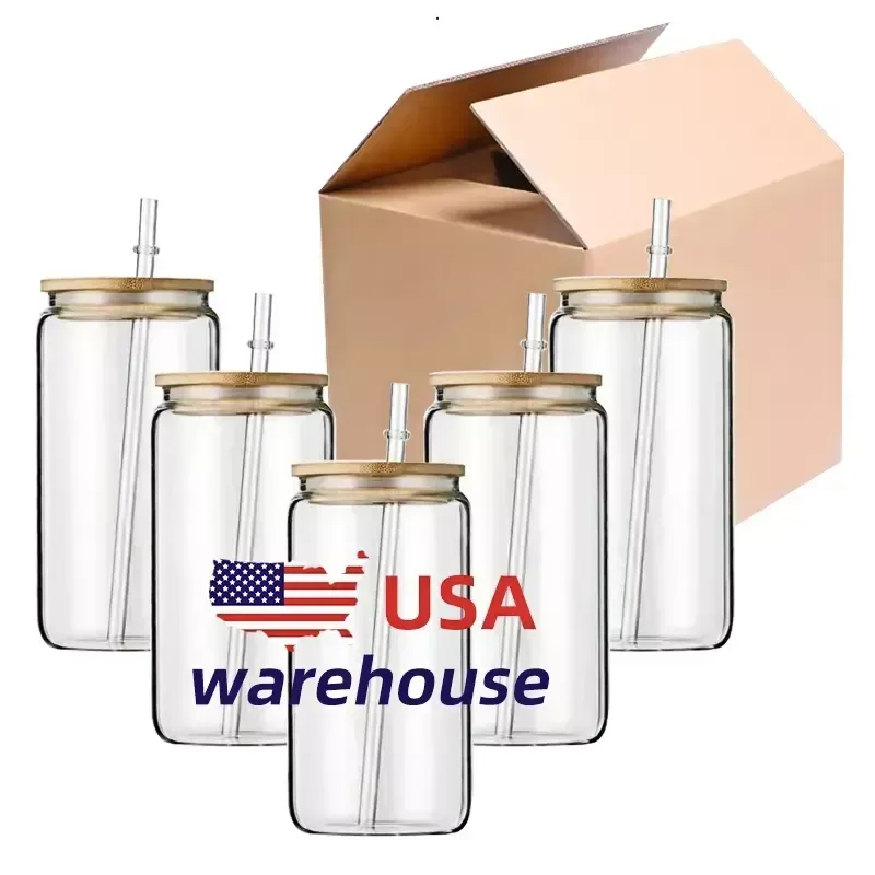 USA CA Warehouse 16ozWater Bottles DIY Blank Sublimation Can Tumblers Beer Glass Cups with Bamboo Lid and Straw for Iced Coffee Soda