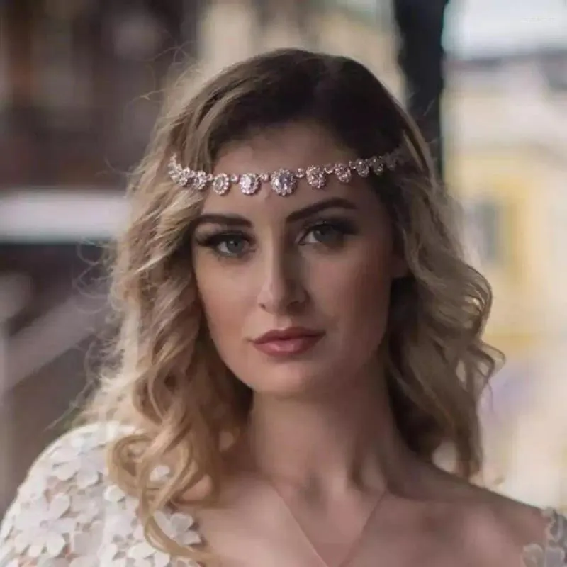 Hair Clips Round Rhinestone With Forehead Chain Fashion Bridal Wedding Accessories