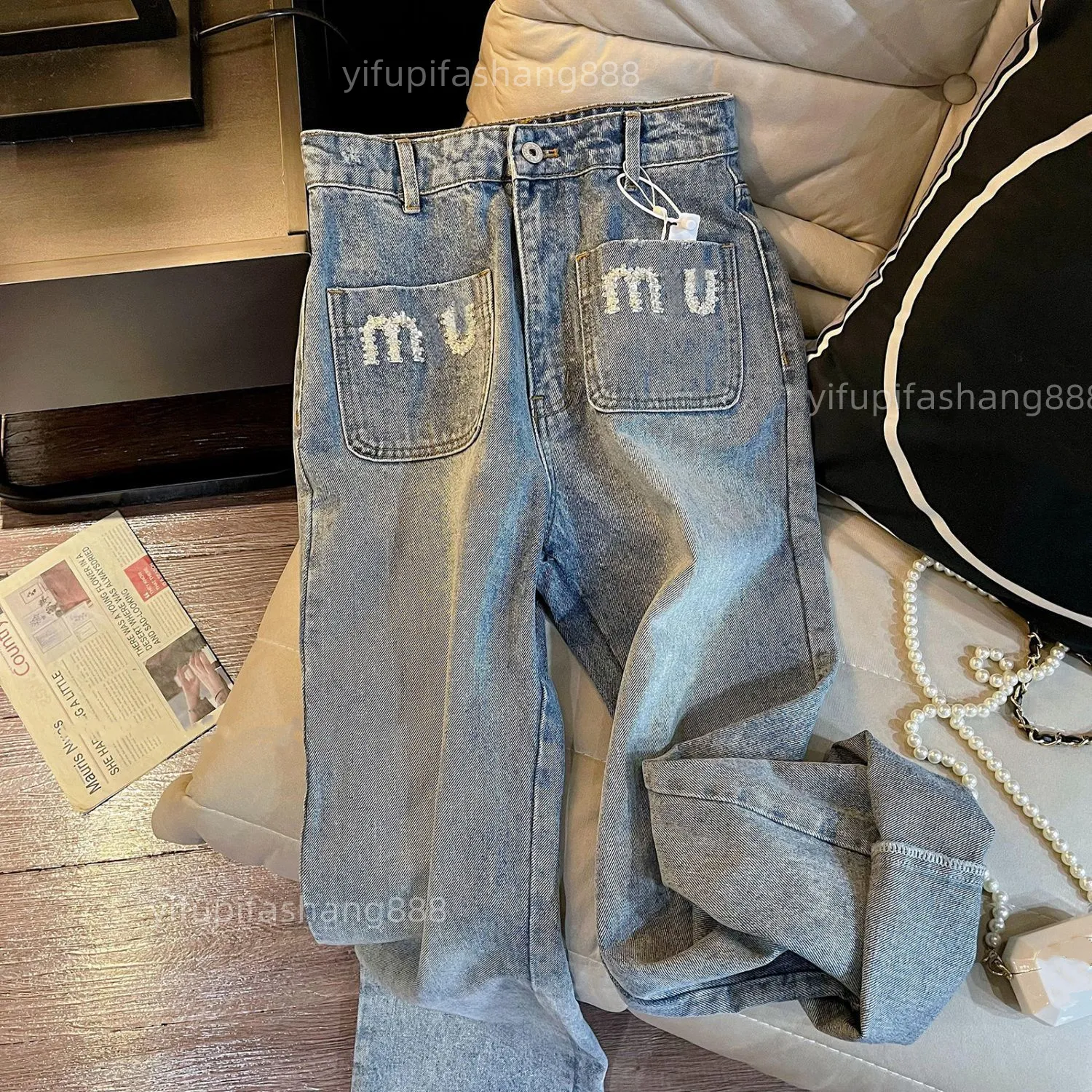 Miui Top Clothing Jeans Female Womens Bell Bottom Denim Pants Waist Fashion Blue Slacks Trousers Design Sweatpants