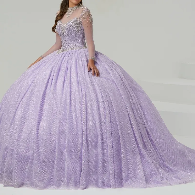 Vestido quinceanera de lavanda, gola alta, 2024, vestido de baile, miçangas, cristal, manga comprida, babados, vestidos de 15 anos, doce 16