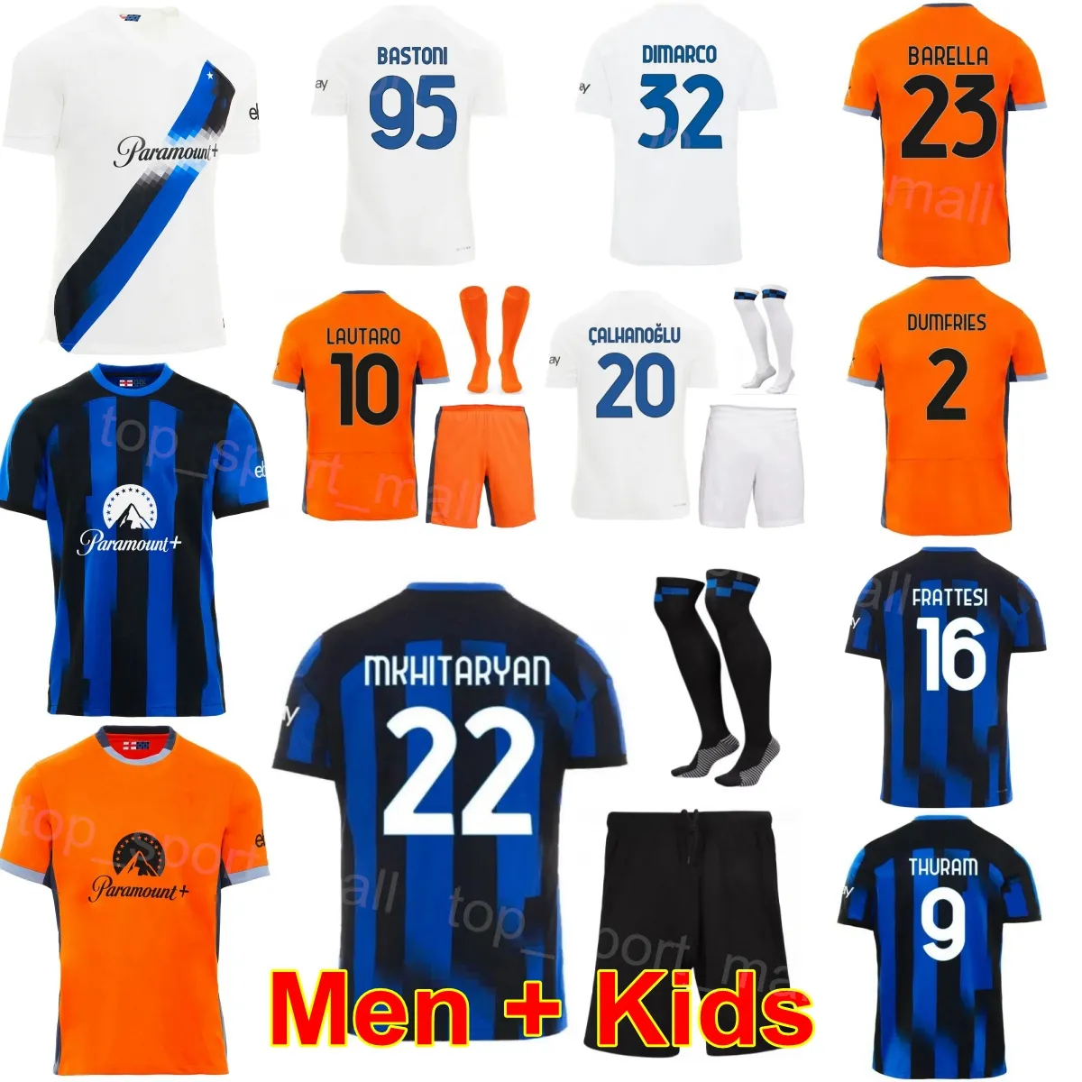 23 24 Homens Kids Club Inter 10 MARTINEZ Jersey de futebol Milan Set 20 CALHANOGLU 9 THURAM 2 DUMFRIES DIMARCO FRATTESI BARELLA AUGUSTO BASTONI DARMIAN Camisa de futebol Kits