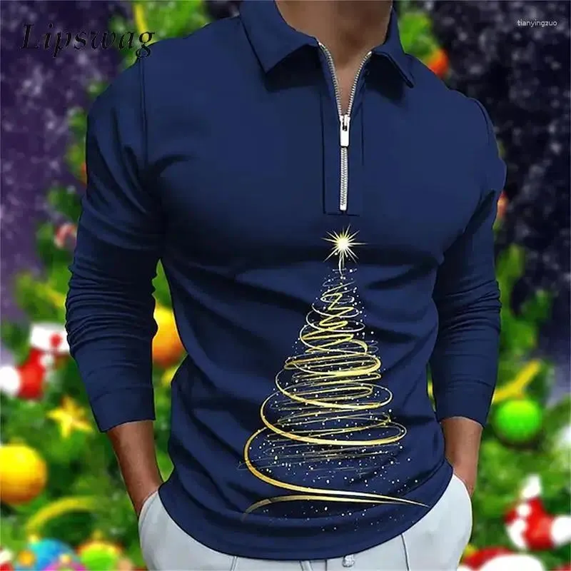Herrpolos långärmad Autumn Mens Polo Shirts Vintage Christmas 3D Printing Tops For Men Casual Loose Turn-Down Collar dragkedja